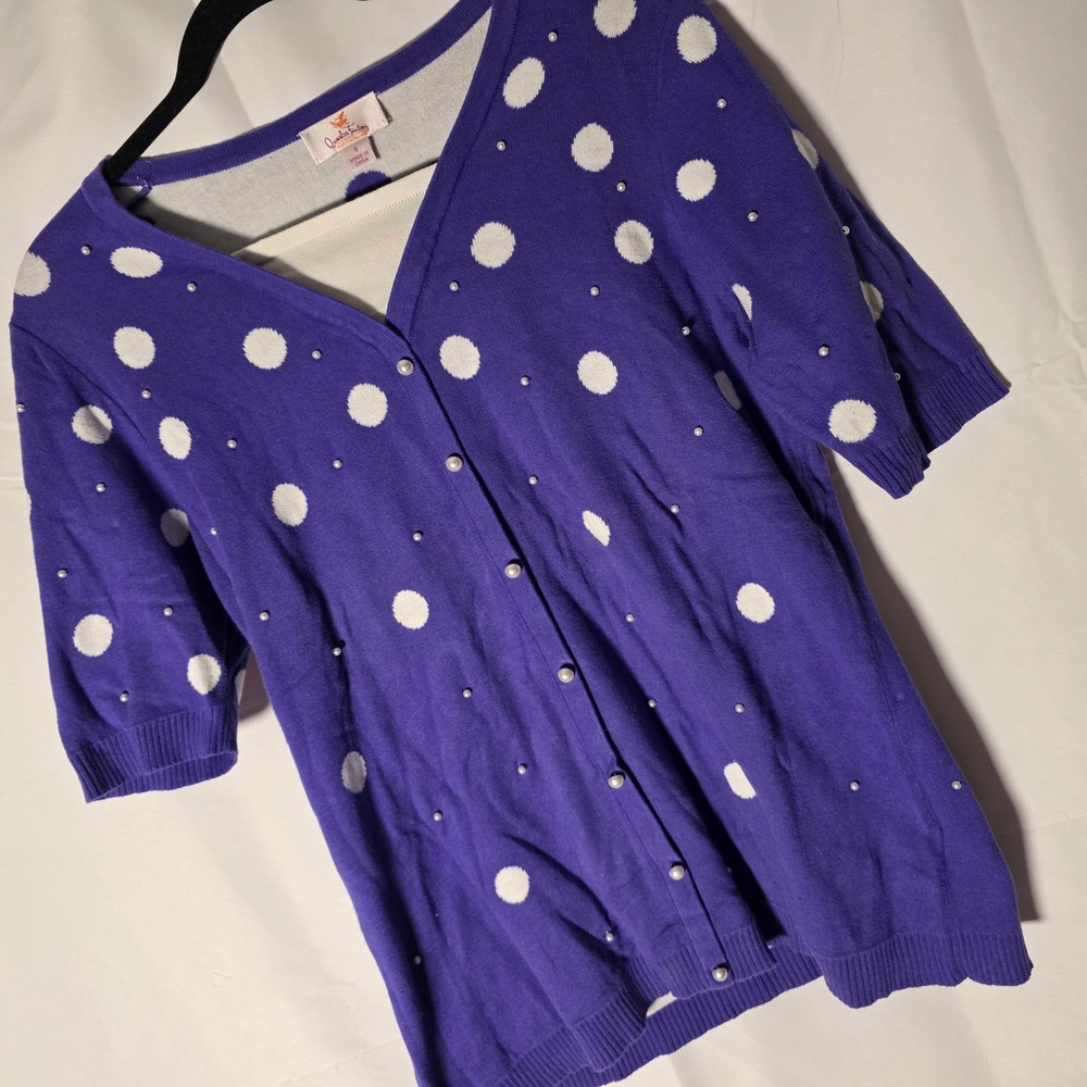 Quaker Factory Purple Polka Dot Cardigan Sweater Short Sleeve‎ Pearl Embellished - Picture 3 of 8